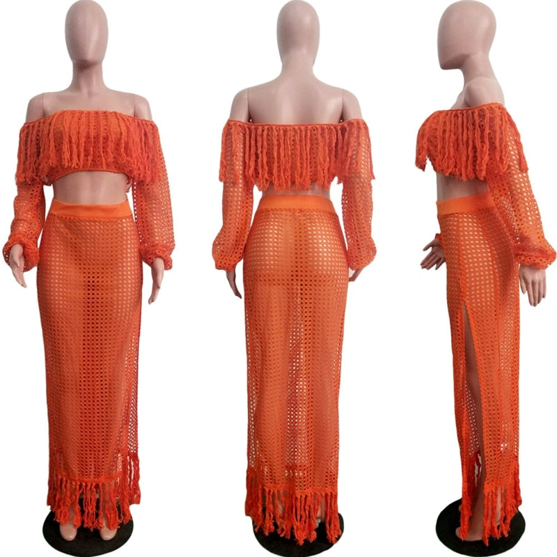 Women's Orange Crochet Tassel Maxi Skirt Set - D'Zani Fashion