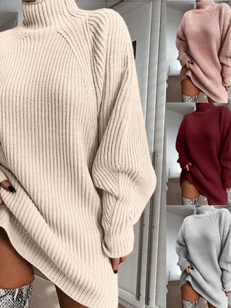 Women's Beige Turtleneck Sweater Dress - D'Zani Fashion