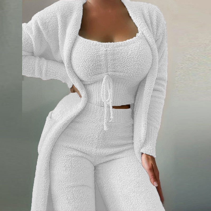 Women's White Soft Comfy Three Piece Pants Sets  - D'Zani Fashion