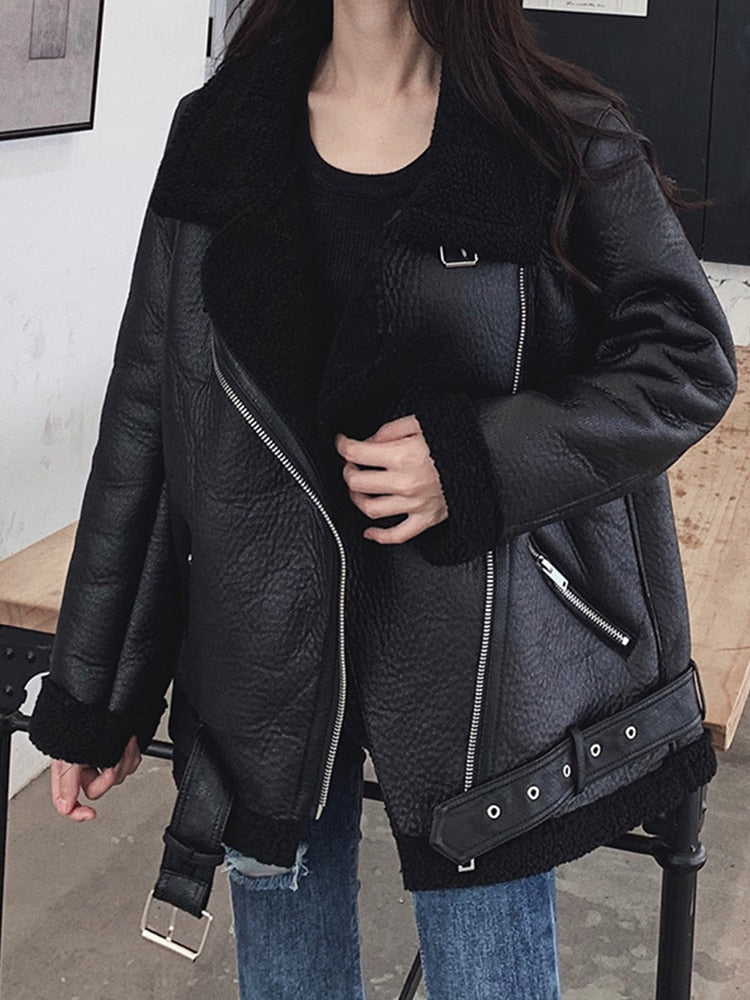Women's Black Thick Warm Faux Leather Jackets - D'Zani Fashion