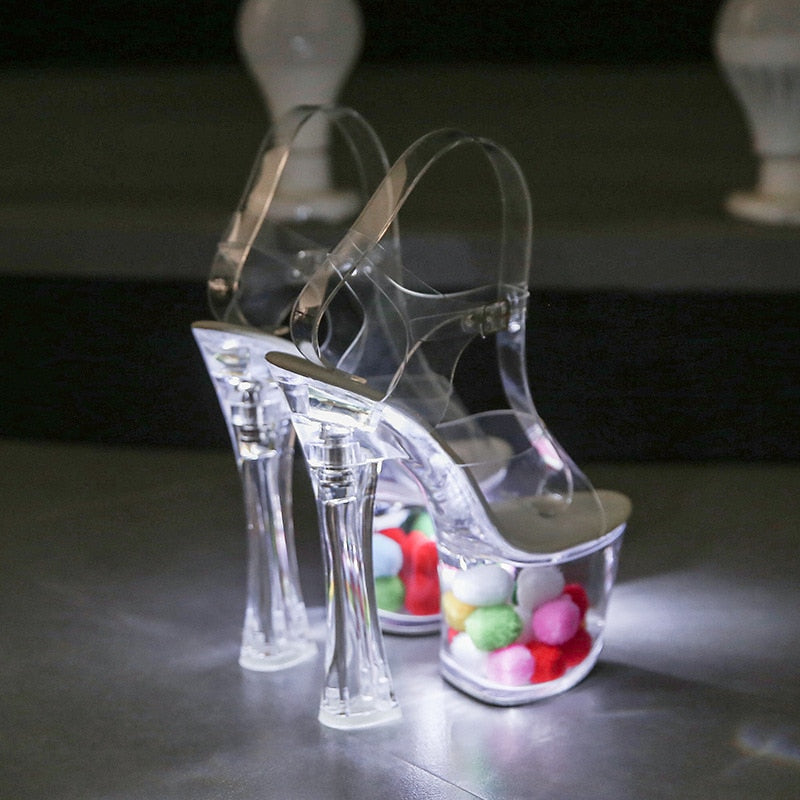 Women's Clear Thick Heels LED Transparent Striptease High Heels Shoes - D'Zani Fashion