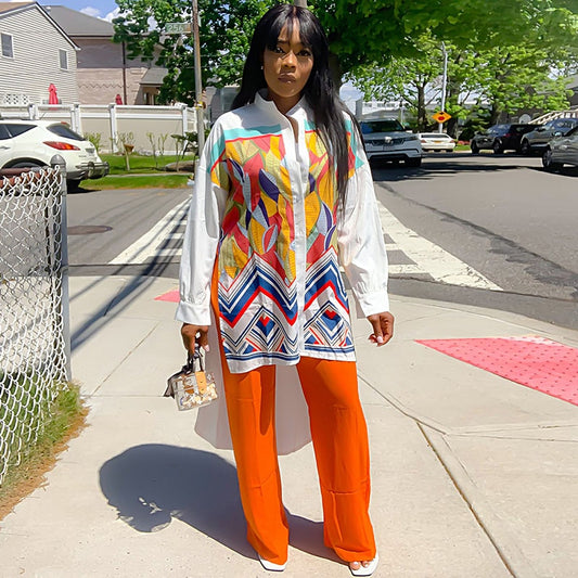 Women's White Orange Printed Long Sleeve Blouse - D'Zani Fashion