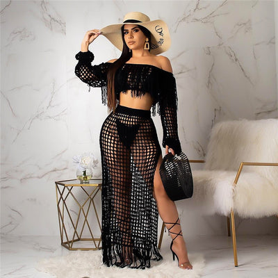 Women's Black Crochet Tassel Maxi Skirt Set - D'Zani Fashion