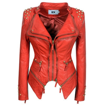 Women's Red Faux Leather Jackets  - D'Zani Fashion