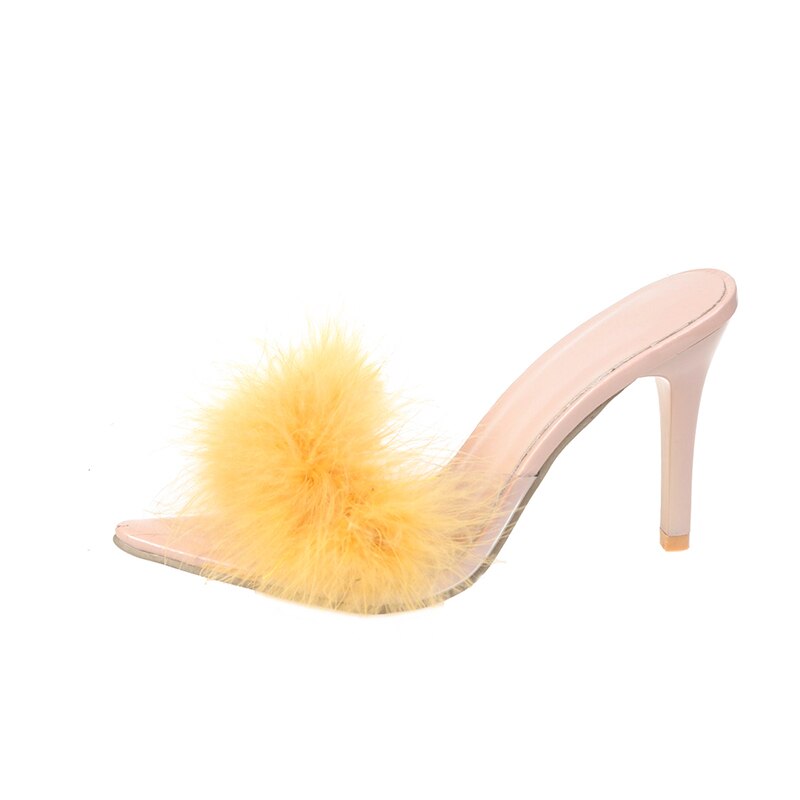 Women's Yellow Sexy Feather Peep Toe Slides - D'Zani Fashion