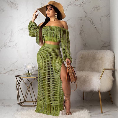 Women's Olive Crochet Tassel Maxi Skirt Set - D'Zani Fashion
