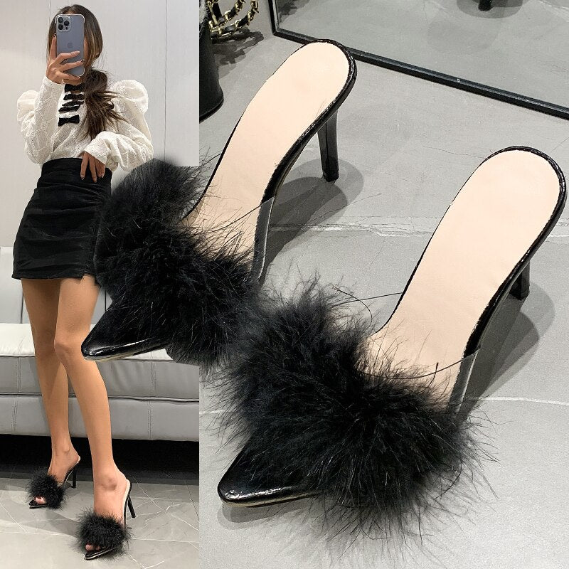 Women's Black Sexy Feather Peep Toe Slides - D'Zani Fashion