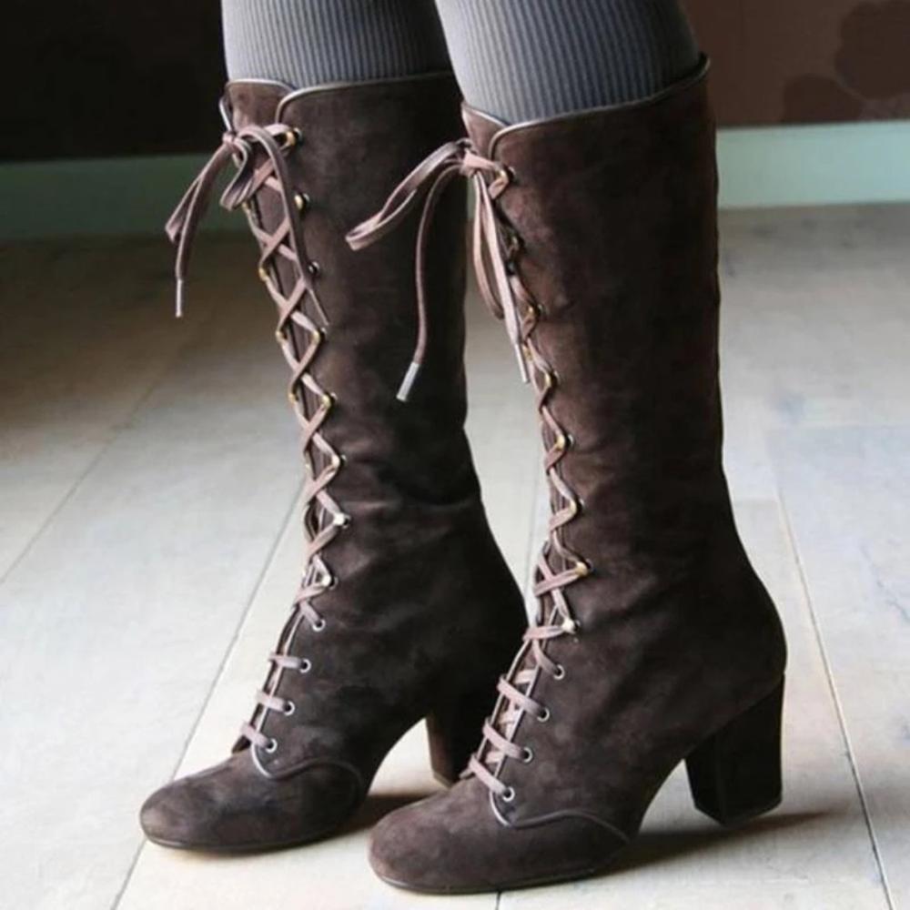 Women's Brown Retro Lace Up Knee High Boots - D'Zani Fashion