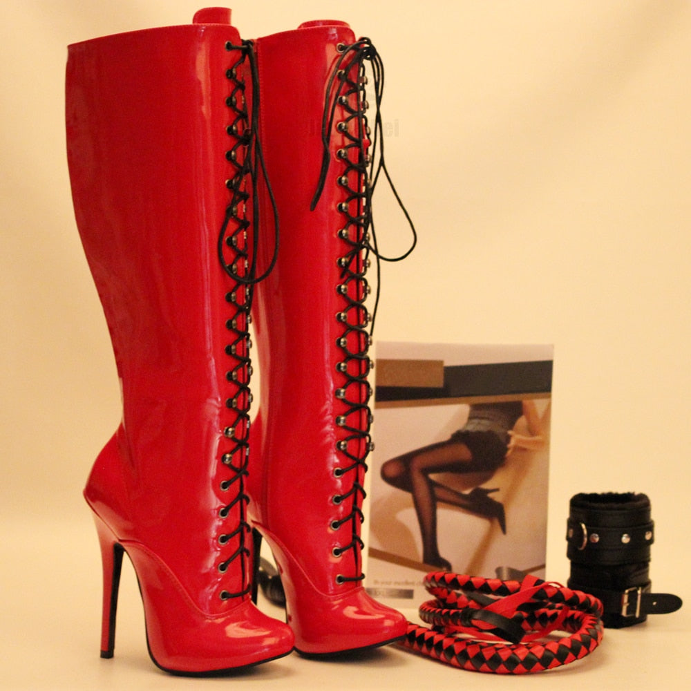 Women's Red Lace-Up Knee High Heels Boots - D'Zani Fashion