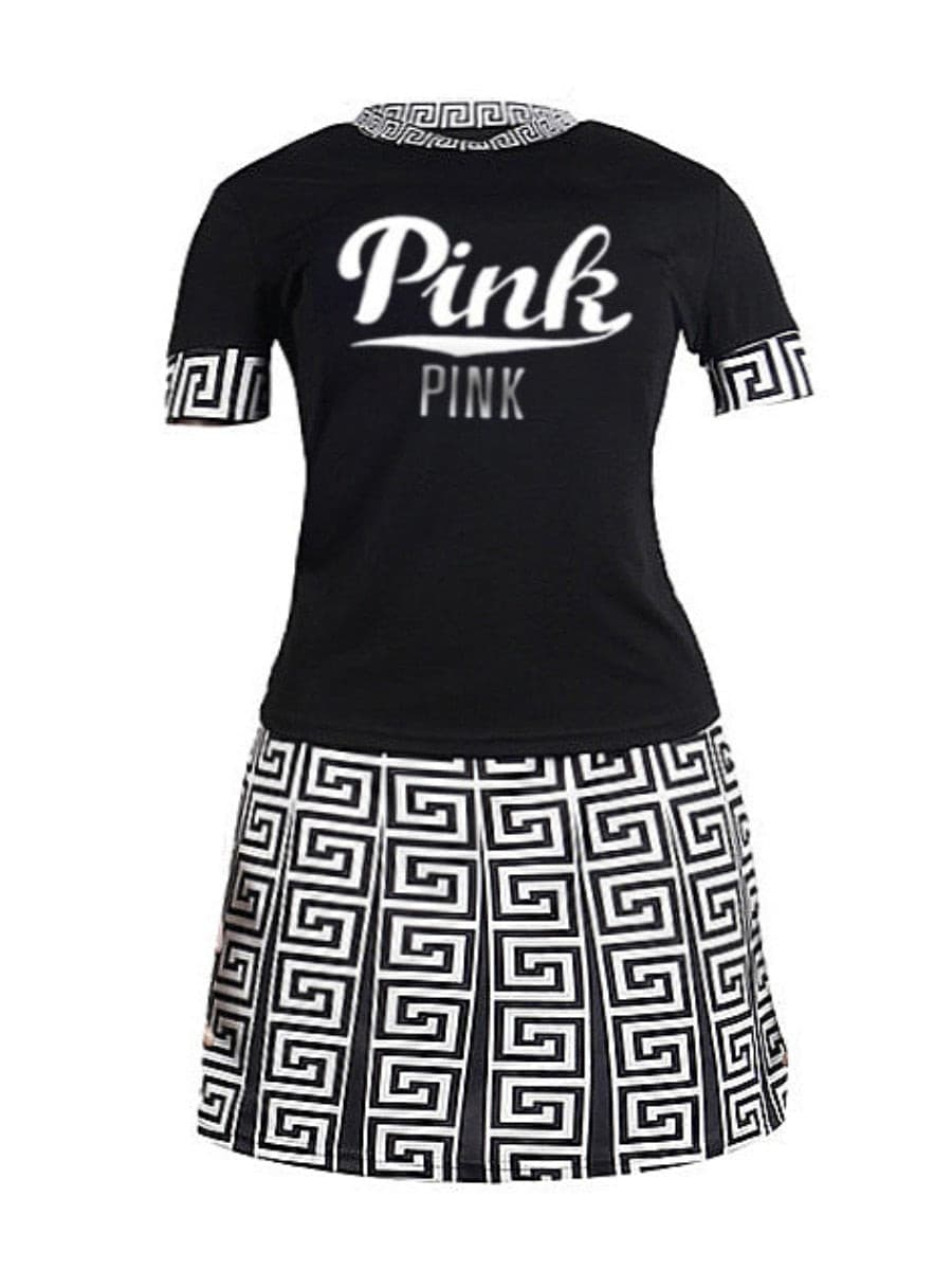 Women's Pink Pink Black 1 Two Piece Plus Size Mini Skirt Set - D'Zani Fashion