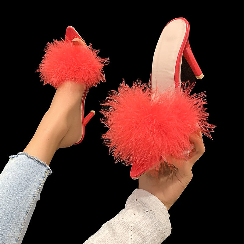 Women's Red Sexy Feather Peep Toe Slides - D'Zani Fashion