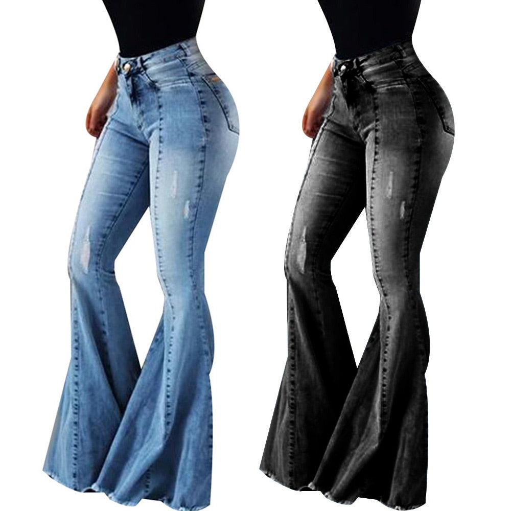 Women's Blue Flare Bell Bottom High Waist Jeans  - D'Zani Fashion