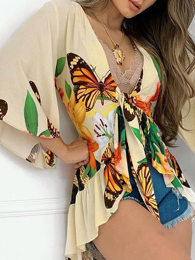 Women's Butterfly Tropical Print Blouse - D'Zani Fashion