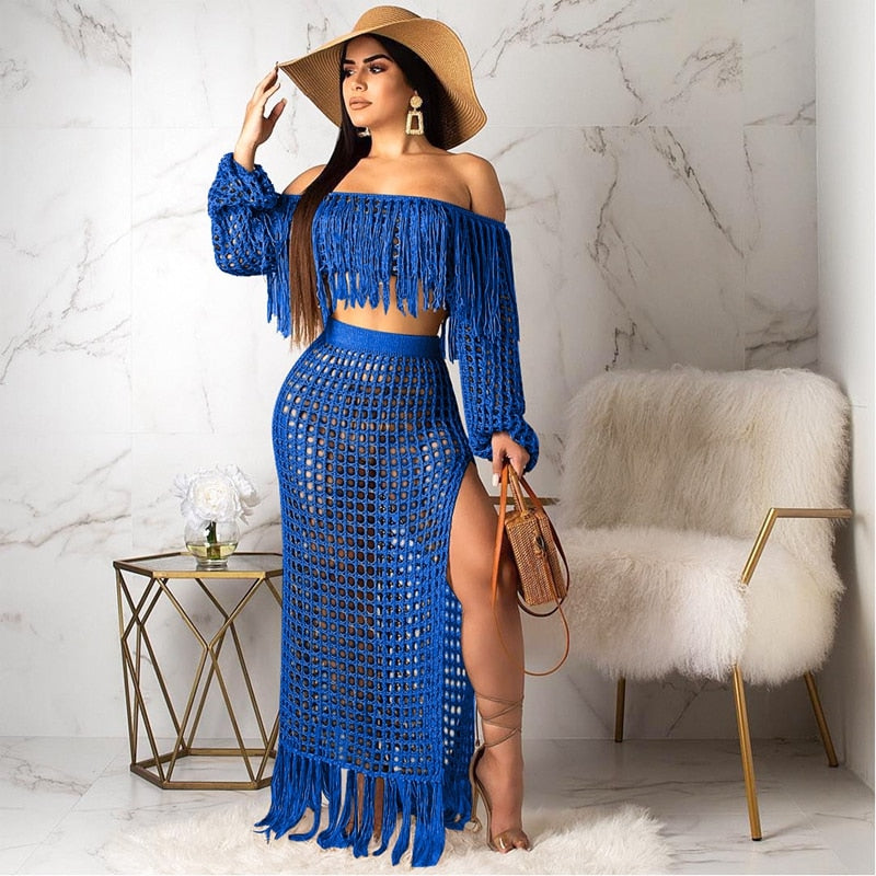 Women's Blue Crochet Tassel Maxi Skirt Set - D'Zani Fashion