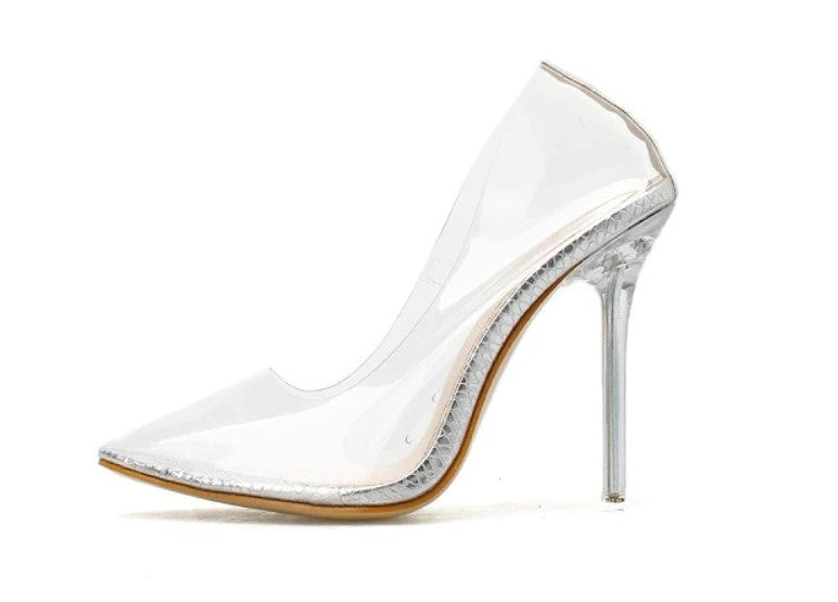 Women's Silver Clear and Print High Heels Shoes - D'Zani Fashion