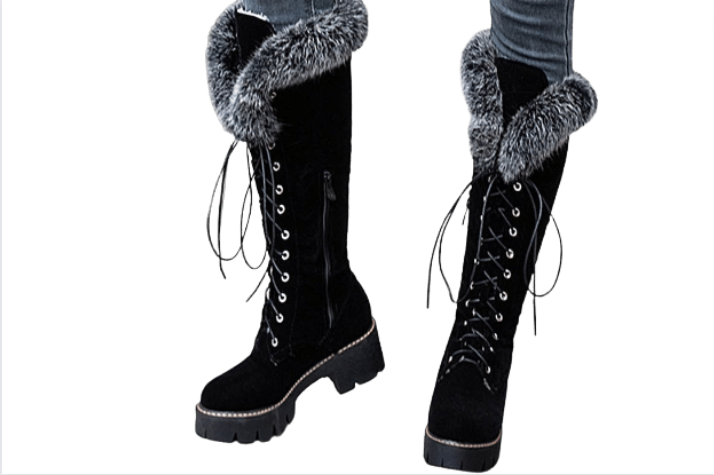 Women's Black Shoelaces Warm Knee High Boots - D'Zani Fashion