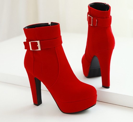Women's Red Platform Buckle Ankle Boots - D'Zani Fashion