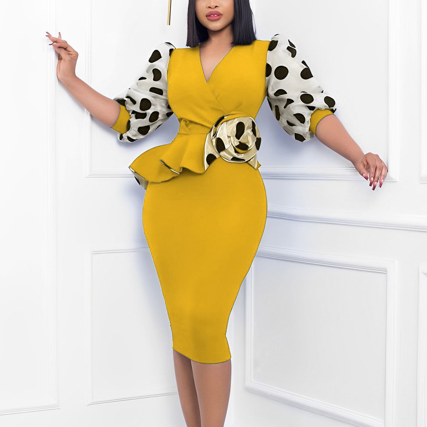 Women's Yellow Elegant Polka Dot Sleeve V Neck Dress - D'Zani Fashion