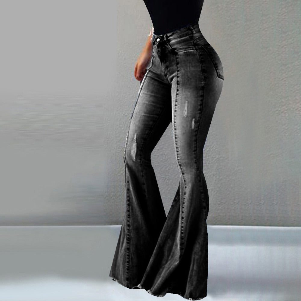 Women's Black Flare Bell Bottom High Waist Jeans  - D'Zani Fashion