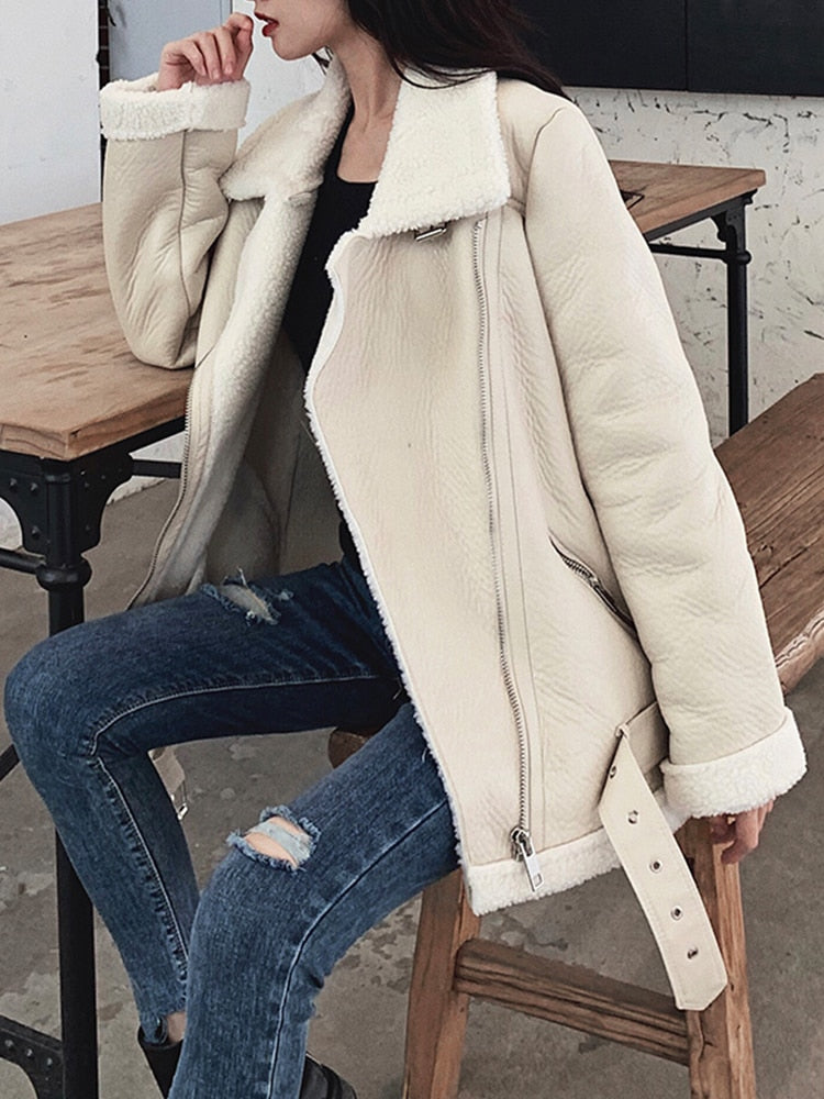Women's Beige Thick Warm Faux Leather Jackets - D'Zani Fashion