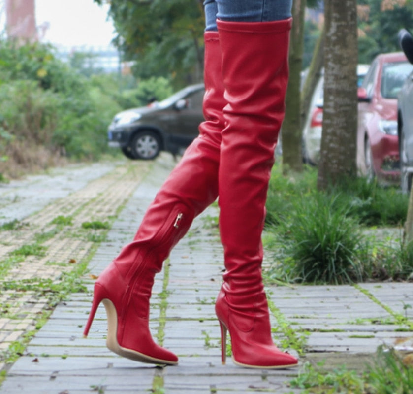 Women's Red Vintage Sexy Thigh High Heel Boots - D'Zani Fashion