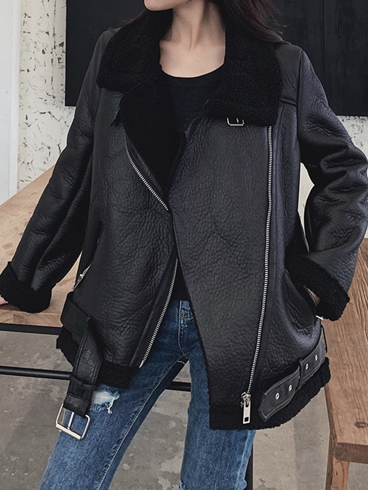 Women's Black Thick Warm Faux Leather Jackets - D'Zani Fashion