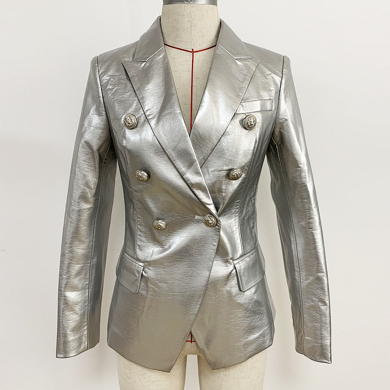 Women's Silver Double Breasted Blazer - D'Zani Fashion