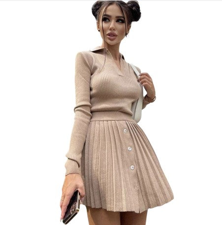Women's Khaki Two Piece Pleated Mini Sweater Skirt Sets - D'Zani Fashion