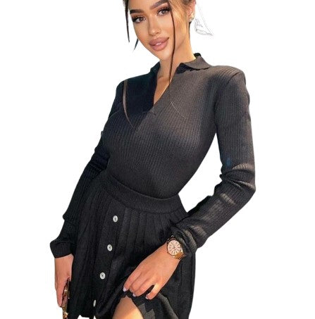 Women's Black Two Piece Pleated Mini Sweater Skirt Sets - D'Zani Fashion
