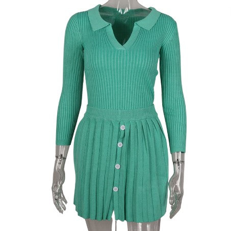 Women's Green Two Piece Pleated Mini Sweater Skirt Sets - D'Zani Fashion