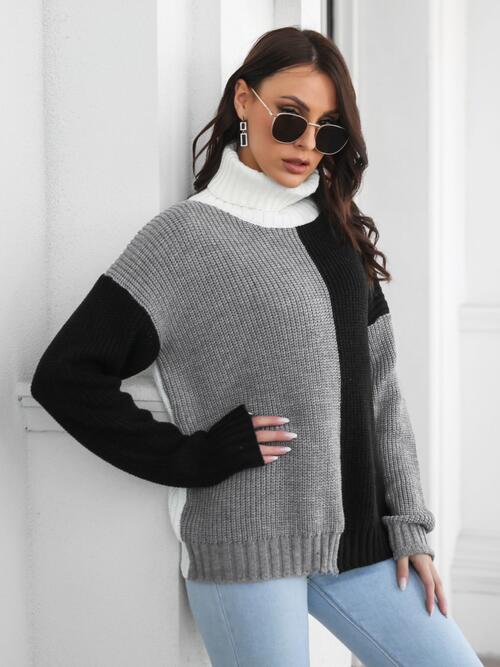 Contrast Black White Grey Turtleneck Long Sleeve Sweater- D'Zani Fashion