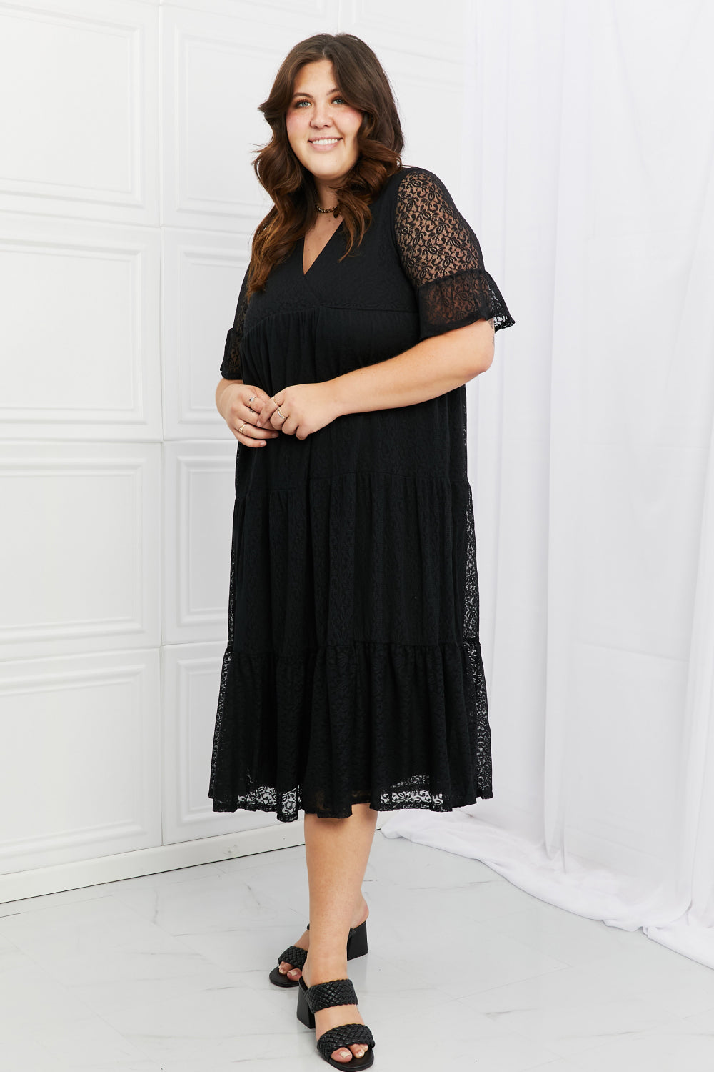 Women's Black P & Rose Lovely Lace Full Size Tiered Dress - D'Zani Fashion