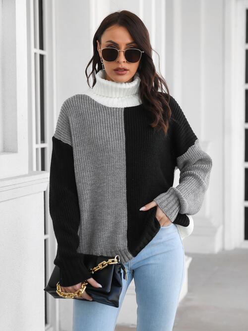 Contrast Black White Grey Turtleneck Long Sleeve Sweater- D'Zani Fashion