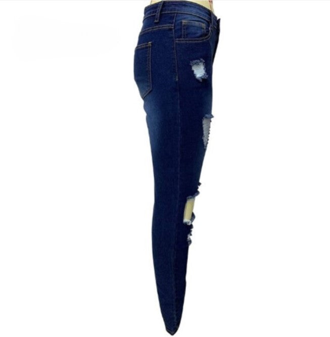 Women's Dark Blue Ripped Denim Pants - D'Zani Fashion