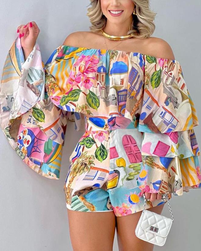 Women's Pink Print Off Shoulder Two Piece Short Sets - D'Zani Fashion