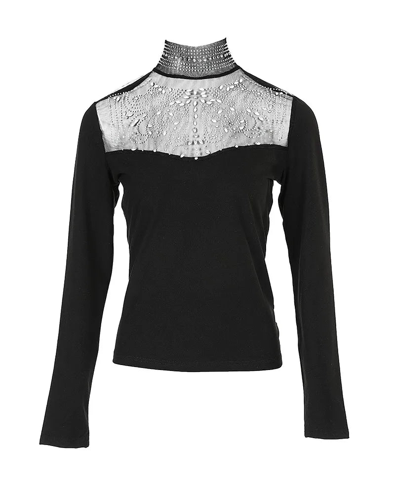 Sexy Rhinestone Women Mesh Long Sleeve Black Blouse - D'Zani Fashion