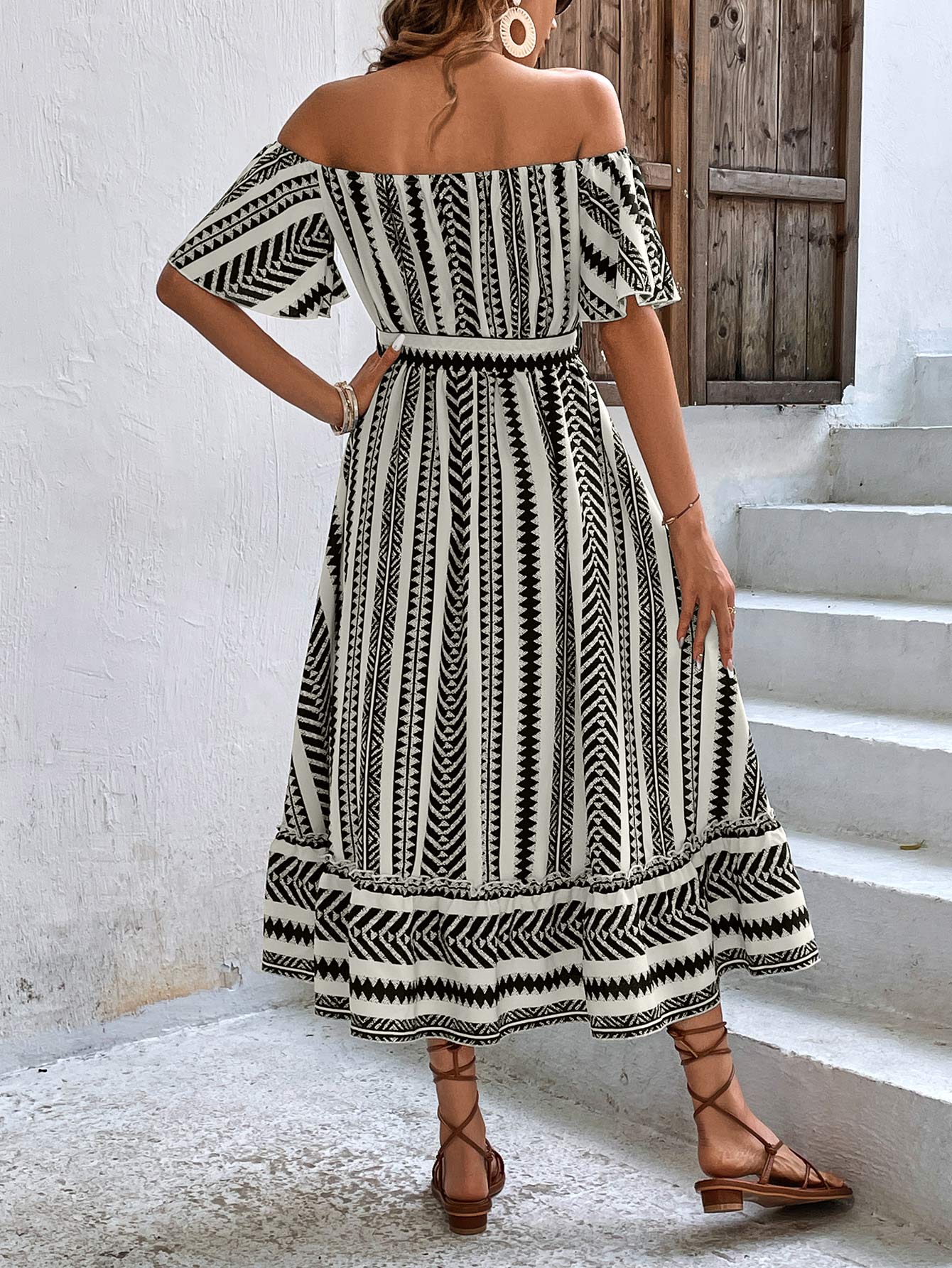 Women's Black/White Printed Off-Shoulder Tie Belt Midi Dress - D'Zani Fashion