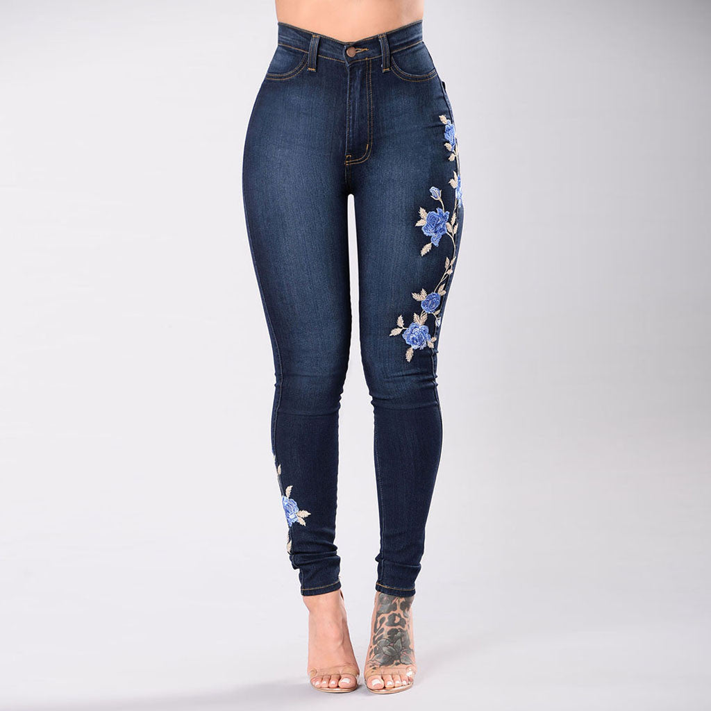 Women's Blue Sexy Embroidered Jeans - D'Zani Fashion