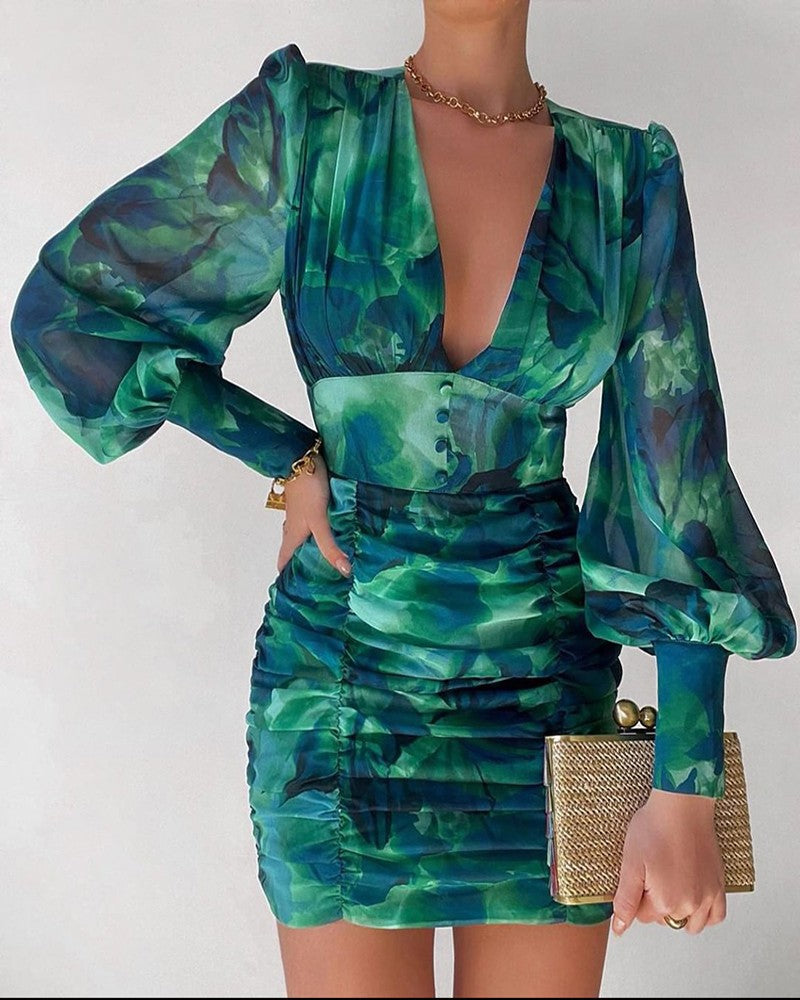 Women's Green Chic V Neck Dress - D'Zani Fashion