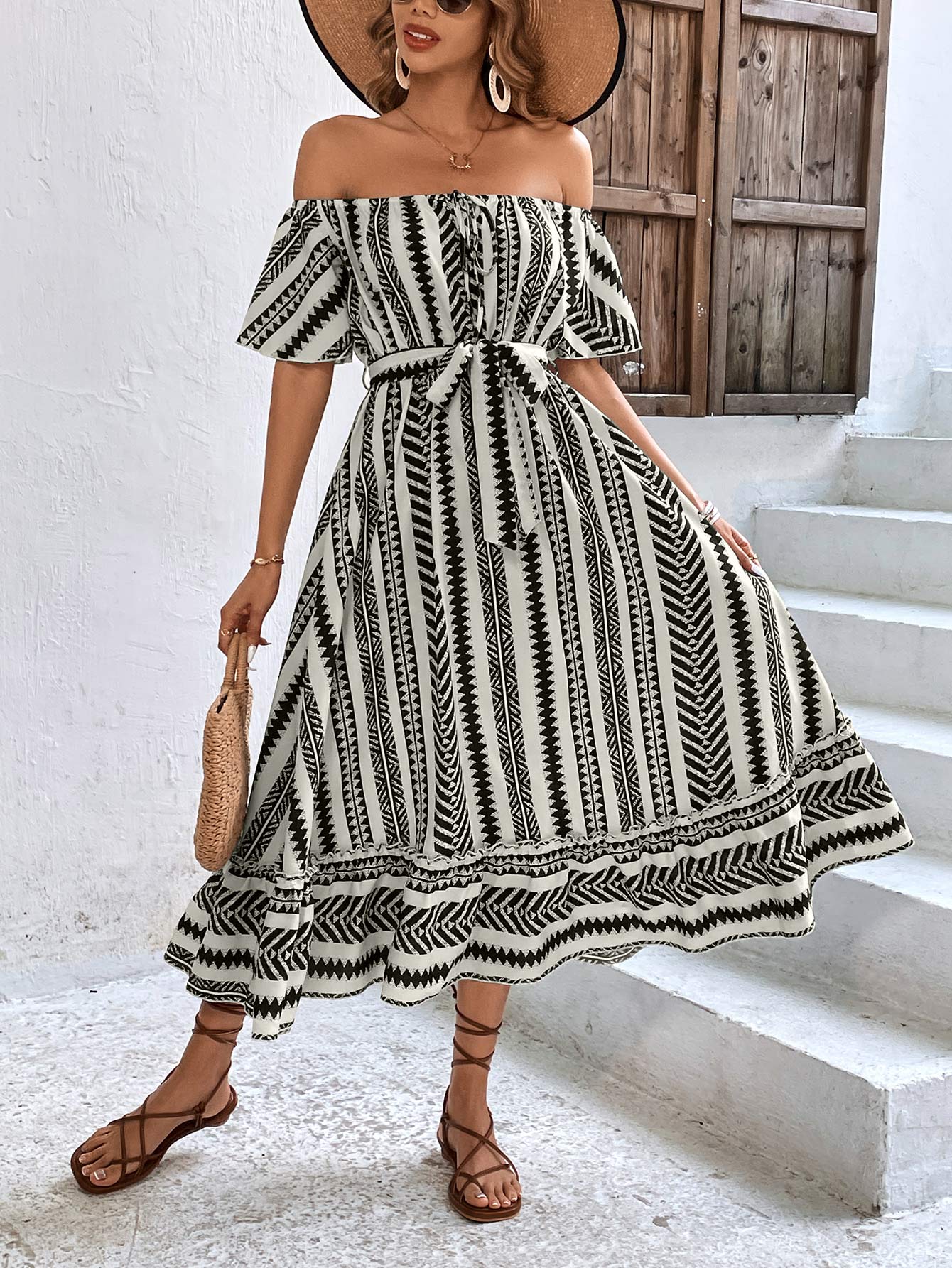 Women's Black/White Printed Off-Shoulder Tie Belt Midi Dress - D'Zani Fashion