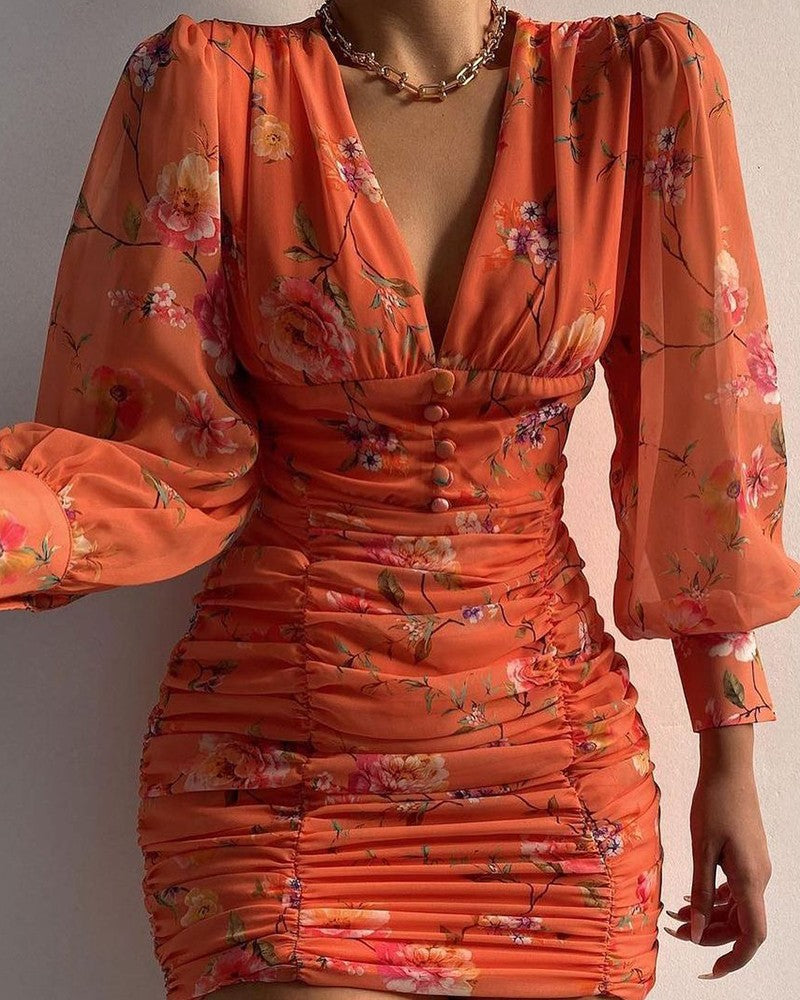 Women's Orange Chic V Neck Dress - D'Zani Fashion