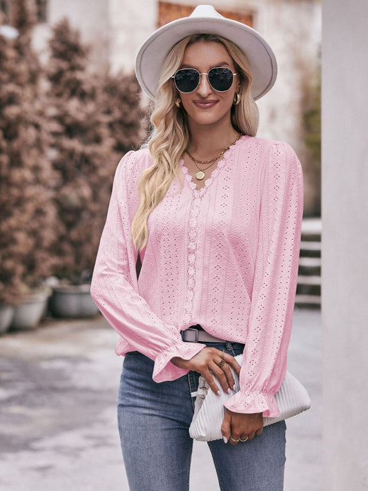 Women's Blush Pink Eyelet V-Neck Flounce Sleeve Blouse - D'Zani Fashion