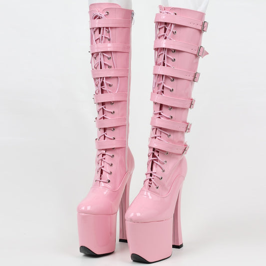 Women's Pink Stylish Buckled High Heel Boots - D'Zani Fashion