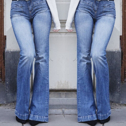 Women's Blue Plus Size Bell Bottom Jeans - D'Zani Fashion