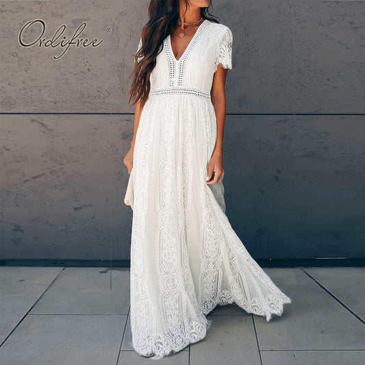 Women's White Vintage Maxi Lace Beach Dress - D'Zani Fashion