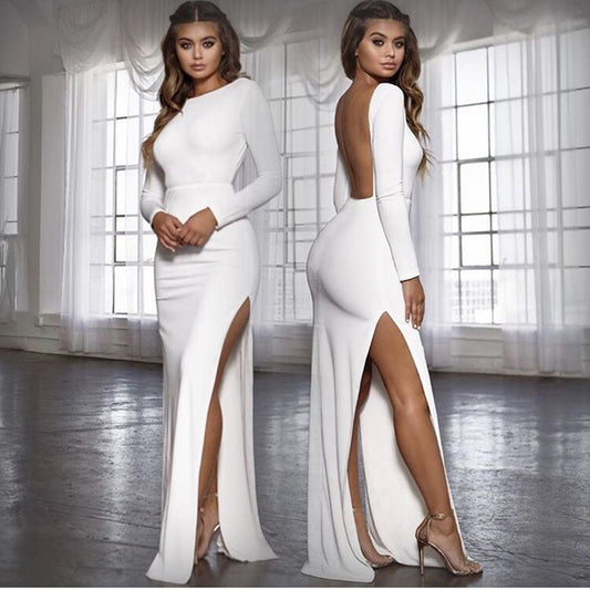 Women's White Sexy Backless Slit Dress - D'Zani Fashion