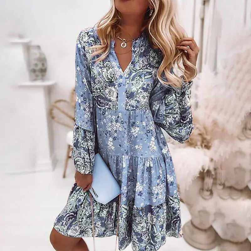 Women's Blue Floral Fresh and Sweet Dress  - D'Zani Fashion