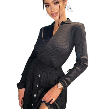 Women's Black Two Piece Pleated Mini Sweater Skirt Sets - D'Zani Fashion