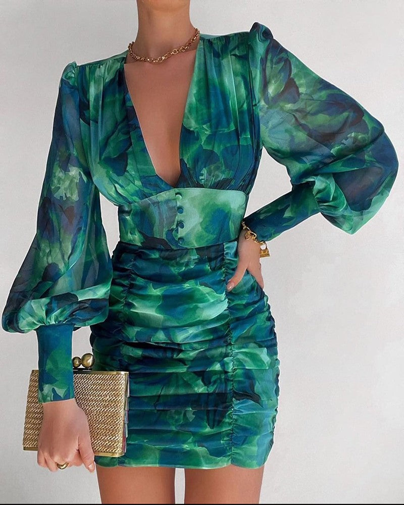 Women's Green Chic V Neck Dress - D'Zani Fashion